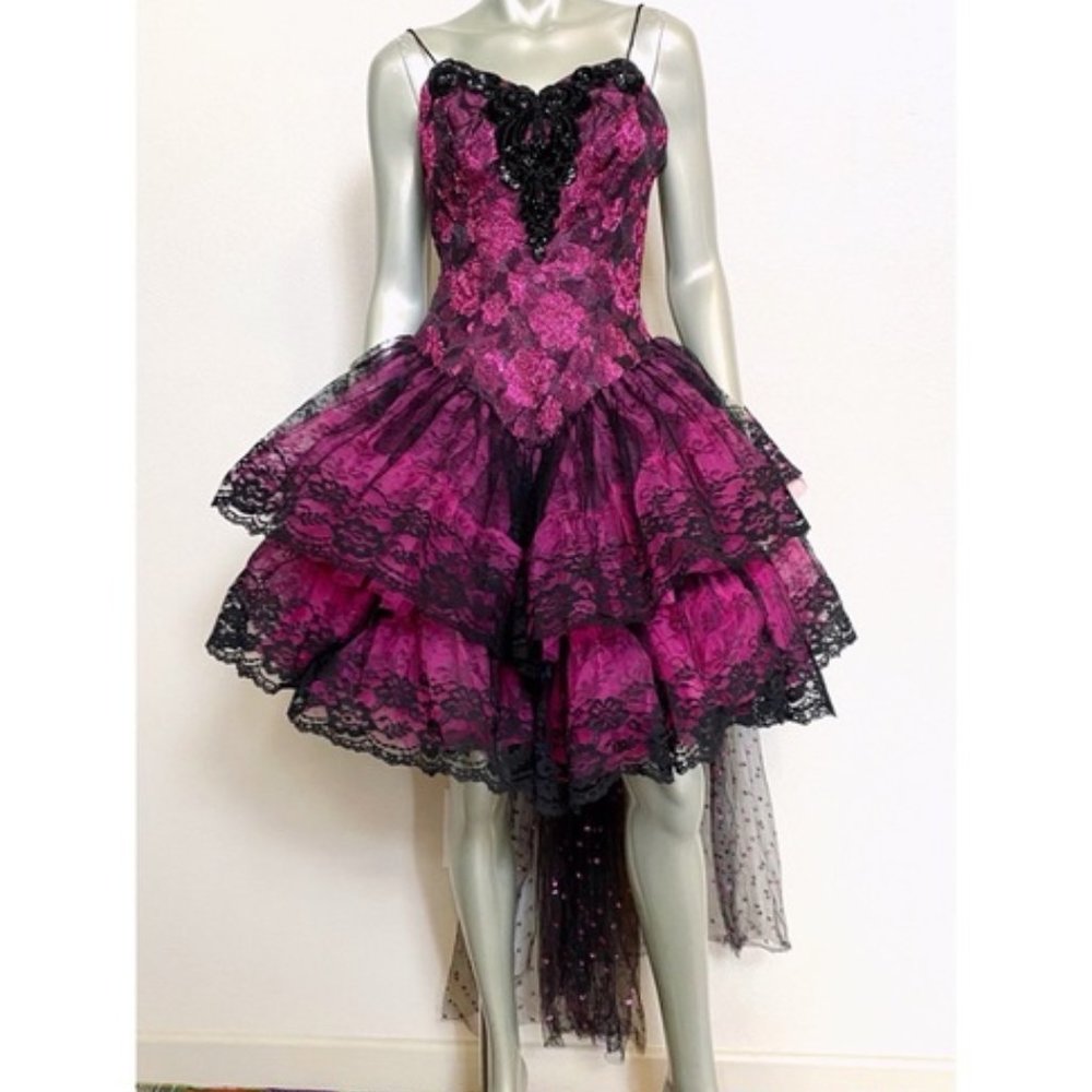 Vintage 80s Prom Dress - Loralie Original Size Small - Hot Pink & Black Metallic